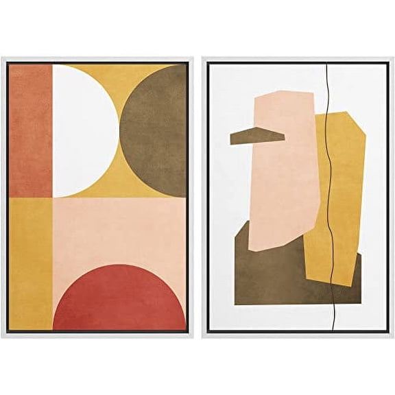 IDEA4WALL Framed Canvas Print Wall Art Multicolor Mid-Century Semi-Circle Polygon Collage Abstract Shapes Modern Boho Chic for Living Room, Bedroom, Office - 24"x36"x2 White