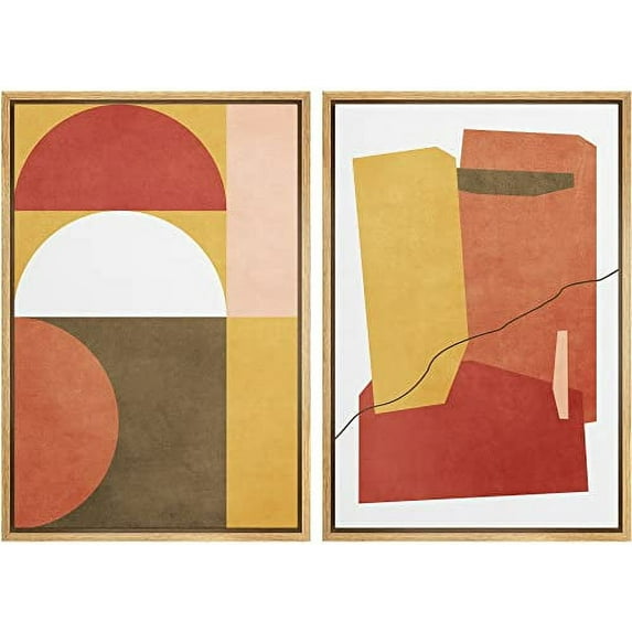 IDEA4WALL Framed Canvas Print Wall Art Multicolor Mid-Century Semi-Circle Polygon Collage Abstract Shapes Modern Boho Chic for Living Room, Bedroom, Office - 16"x24"x2 Natural