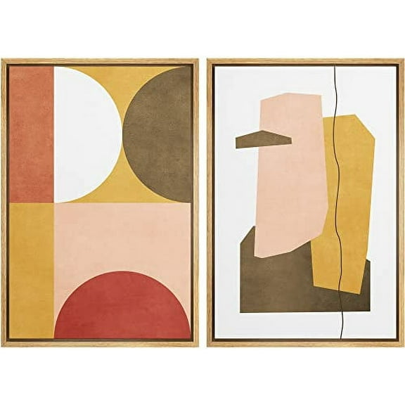 IDEA4WALL Framed Canvas Print Wall Art Multicolor Mid-Century Semi-Circle Polygon Collage Abstract Shapes Modern Boho Chic for Living Room, Bedroom, Office - 16"x24"x2 Natural