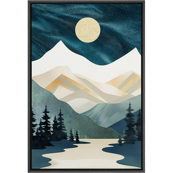 IDEA4WALL Framed Canvas Print Wall Art Navy Blue Midnight Sky Moon Mountain Range Landscape Nature Wilderness Illustrations Decor Bohemian Multicolor Mid-Century for Bedroom - 16"x24" Black