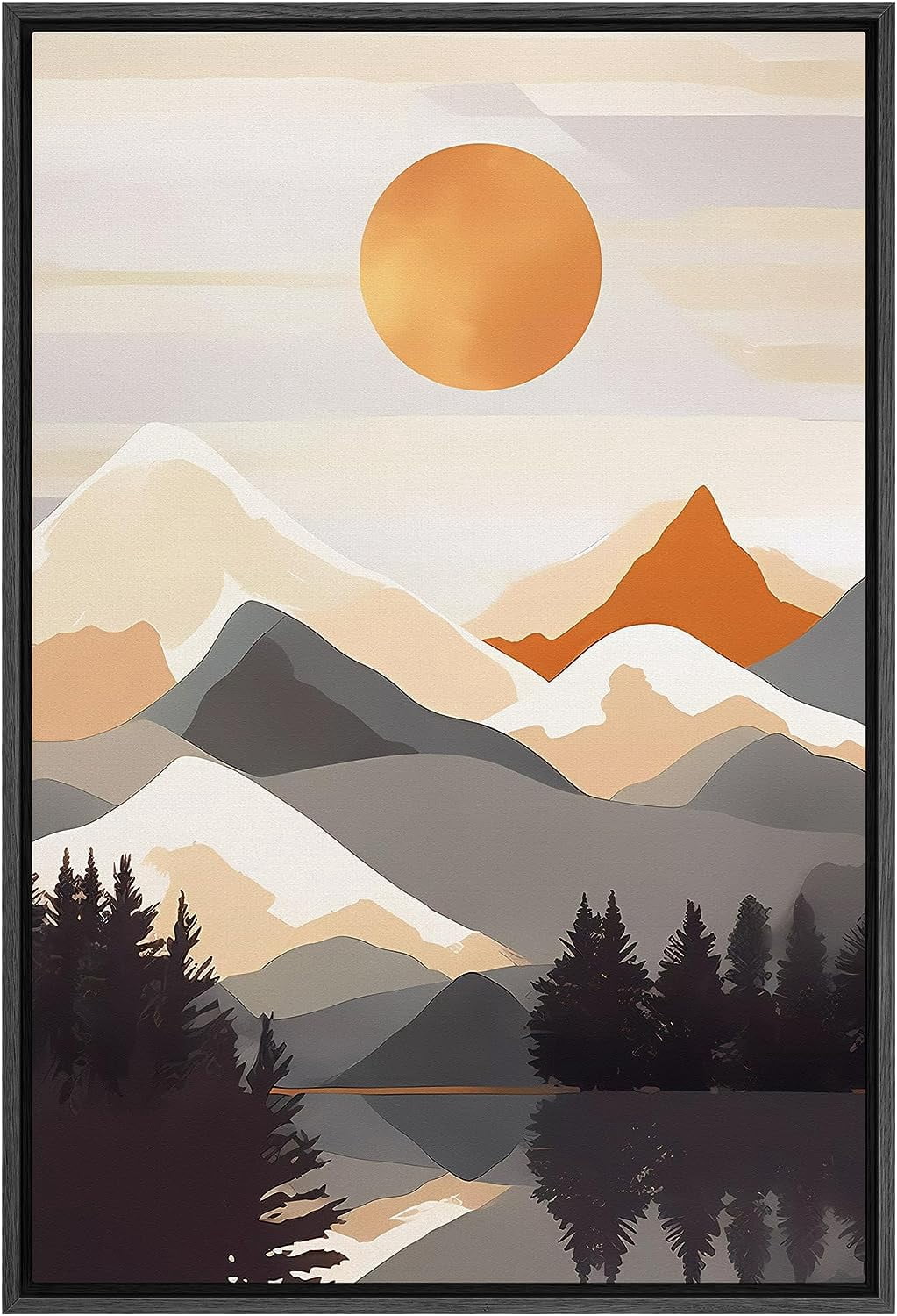 IDEA4WALL Framed Canvas Print Wall Art Pastel Orange Sun Mountain Range ...