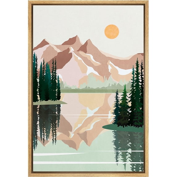 IDEA4WALL Framed Canvas Print Wall Art Pastel Winter Mountain Forest Lake Reflection Landscape Art Nature Wilderness Illustrations Modern Art Decorative Rustic Zen For Home - 24"x36" Natural