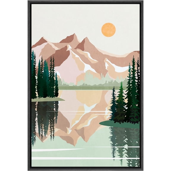 IDEA4WALL Framed Canvas Print Wall Art Pastel Winter Mountain Forest Lake Reflection Landscape Art Nature Wilderness Illustrations Modern Art Decorative Rustic Zen For Home - 24"x36" Black