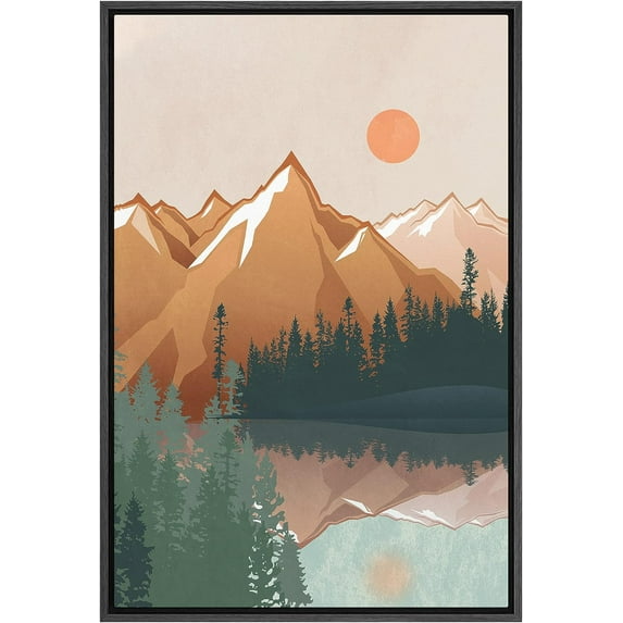IDEA4WALL Framed Canvas Print Wall Art Pine Tree Forest Mountain Lake Reflection Nature Art Wilderness Illustrations Decorative Bohemian Multicolor Mid-Century Modern Print - 24"x36" Black