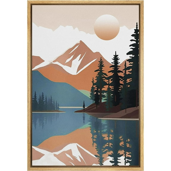IDEA4WALL Framed Canvas Print Wall Art Pine Tree Forest Mountain Lake Reflection Print Nature Landscape Wilderness Illustrations Decorative Bohemian Multicolor Modern Art - 24"x36" Natural