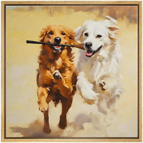 IDEA4WALL Framed Canvas Print Wall Art Playful Pups Joyful Dogs Sharing a Stick Print Classic Vivid Animal Wall Decorative Pastel Animals Artwork Rustic Relax/Clam for Rooms Decor - 16"x16" Natural