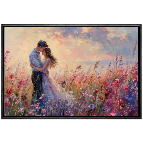 IDEA4WALL Framed Canvas Print Wall Art Romantic Twilight Embracing Couple in Flower Field Art Aesthetic Portrait & Wildflowers Wall Decor Calm/Relax/Zen for Living Room, Bedroom - Black 24"x36"