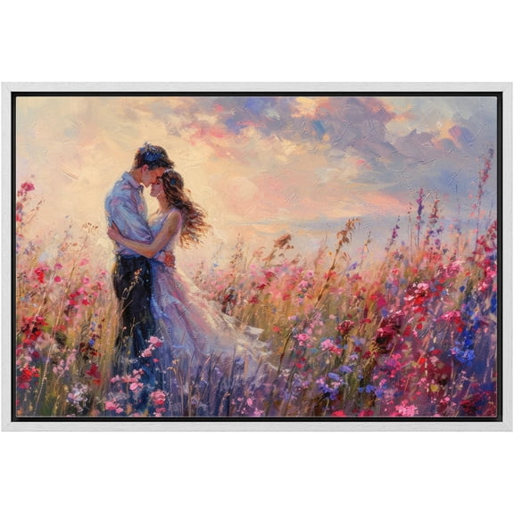 IDEA4WALL Framed Canvas Print Wall Art Romantic Twilight Embracing Couple in Flower Field Art Aesthetic Portrait & Wildflowers Wall Decor Calm/Relax/Zen for Living Room, Bedroom - White 24"x36"