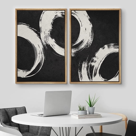 IDEA4WALL Framed Canvas Print Wall Art Set of 2 Black & White Paint Stroke Circle Rings Abstract Modern Art Decorative Contemporary Artwork for Bedroom, Office, Hotel - 16"x24"x2 Panels Natural