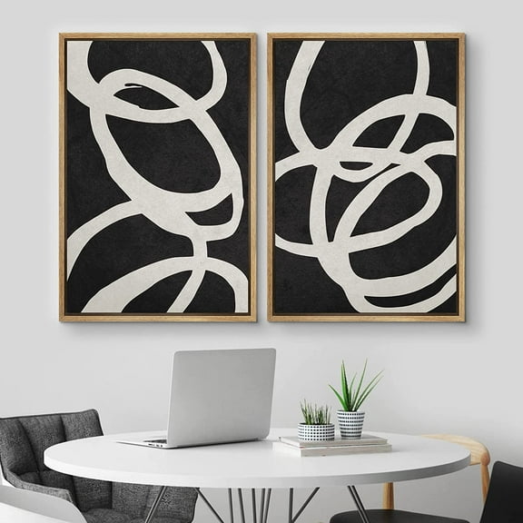 IDEA4WALL Framed Canvas Print Wall Art Set of 2 Black & White Spiral Rings Circle Collage Abstract Modern Art Decorative Boho Contemporary Artwork for Bedroom, Office - 24"x36"x2 Panels Natural