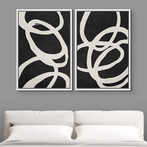 IDEA4WALL Framed Canvas Print Wall Art Set of 2 Black & White Spiral Rings Circle Collage Abstract Modern Art Decorative Boho Contemporary Artwork for Bedroom, Office - 24"x36"x2 Panels White