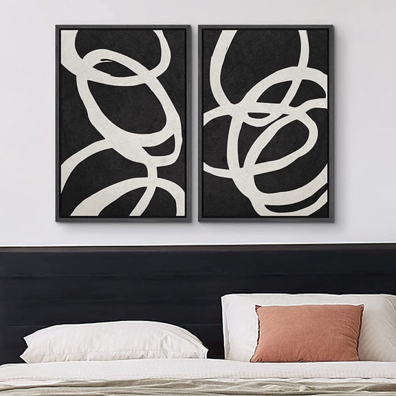 IDEA4WALL Framed Canvas Print Wall Art Set of 2 Black & White Spiral Rings Circle Collage Abstract Modern Art Decorative Boho Contemporary Artwork for Bedroom, Office - 16"x24"x2 Panels Black