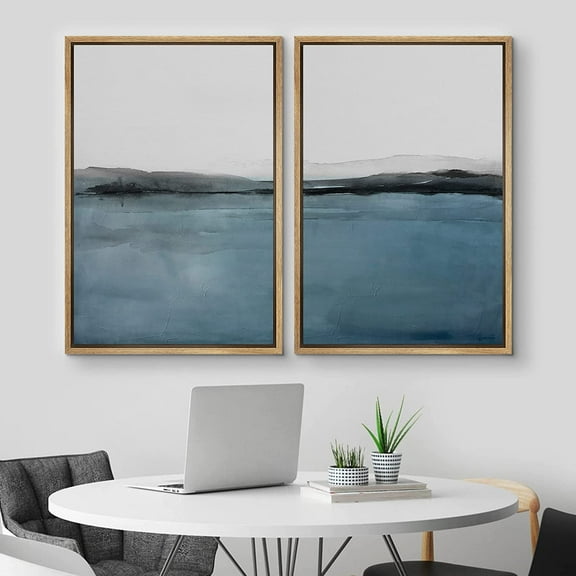 IDEA4WALL Framed Canvas Print Wall Art Set of 2 Blue Pastel Paint Stroke Landscape Geometric Abstract Modern Art Decorative Contemporary Artwork for Bedroom, Office - 16"x24"x2 Panels Natural