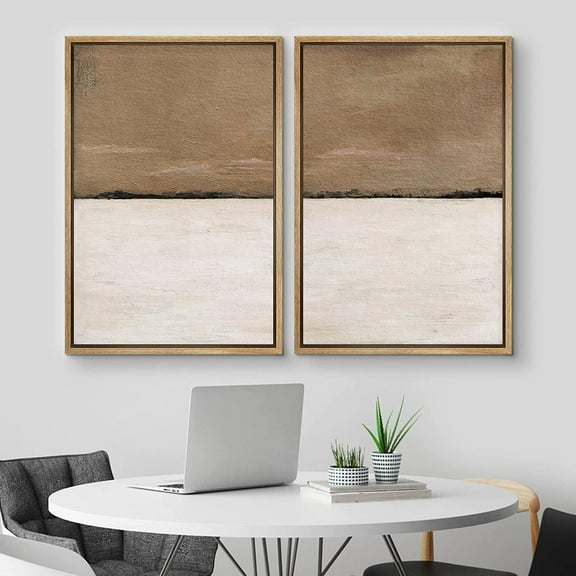 IDEA4WALL Framed Canvas Print Wall Art Set of 2 Brown Tan Pastel Landscape Geometric Abstract Modern Art Decorative Contemporary Bohemian Artwork for Bedroom, Office - 16"x24"x2 Panels Natural