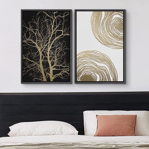 IDEA4WALL Framed Canvas Print Wall Art Set of 2 Geometric Gold & Black Forest Wood Tree Rings Abstract Modern Art Decorative Boho Contemporary Artwork for Bedroom, Office - 16"x24"x2 Panels Black