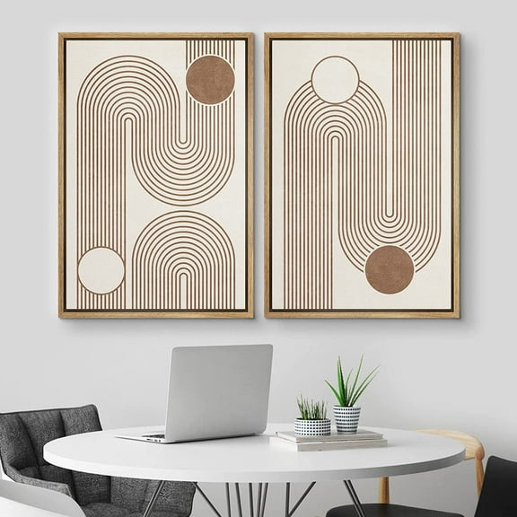 IDEA4WALL Framed Canvas Print Wall Art Set of 2 Geometric Mid-Century Circle Line Polygons Abstract Modern Art Decorative Boho Contemporary Artwork for Bedroom, Office - 24"x36"x2 Panels Natural
