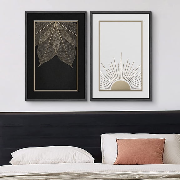 IDEA4WALL Framed Canvas Print Wall Art Set of 2 Gold & Black Forest Leaves Solar Sun Abstract Modern Art Decorative Contemporary Artwork for Bedroom, Office, Hotel - 24"x36"x2 Panels Black