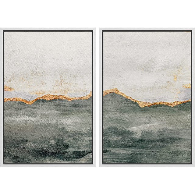 IDEA4WALL Framed Canvas Print Wall Art Set of 2 Gold & Gray Pastel Watercolor Stroke Geometric Abstract Modern Art Decorative Contemporary Artwork for Bedroom, Office - 16"x24"x2 Panels White