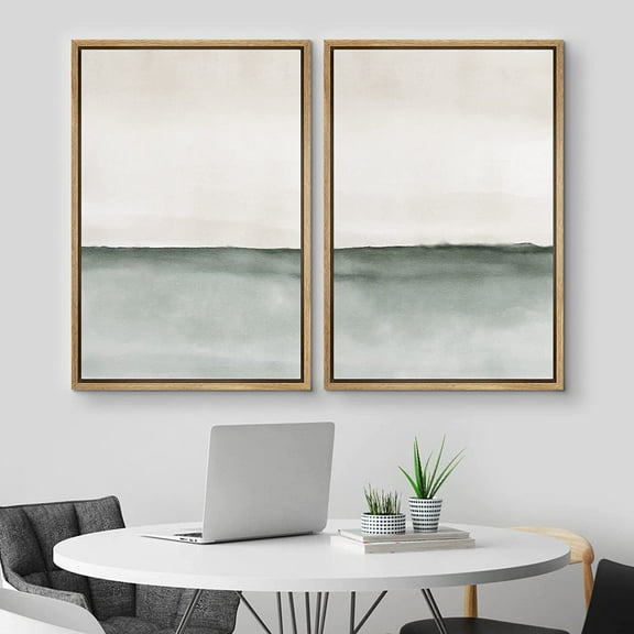 IDEA4WALL Framed Canvas Print Wall Art Set of 2 Grunge Industrial Pastel Gray Watercolor Horizon Geometric Abstract Modern Art Contemporary Artwork for Bedroom, Office - 16"x24"x2 Panels Natural