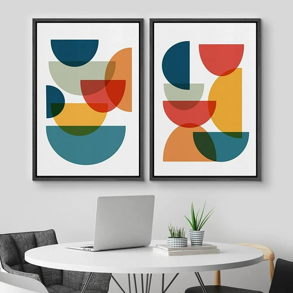 IDEA4WALL Framed Canvas Print Wall Art Set of 2 Mid-Century Multicolor Semi-Circle Collage Geometric Abstract Modern Art Contemporary Artwork for Bedroom, Office - 16"x24"x2 Panels Black