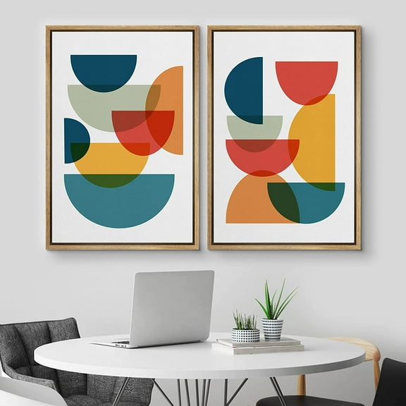 IDEA4WALL Framed Canvas Print Wall Art Set of 2 Mid-Century Multicolor Semi-Circle Collage Geometric Abstract Modern Art Contemporary Artwork for Bedroom, Office - 16"x24"x2 Panels Natural
