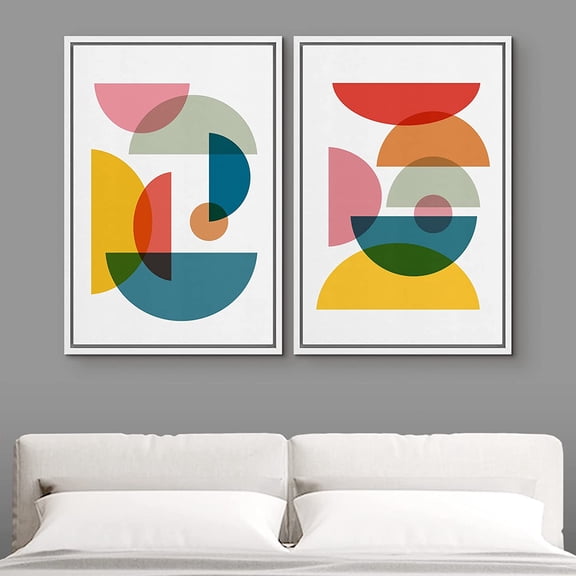 IDEA4WALL Framed Canvas Print Wall Art Set of 2 Mid-Century Style Multicolor Semi-Circle Variety Geometric Abstract Modern Art Contemporary Print for Bedroom, Office - 16"x24"x2 Panels White