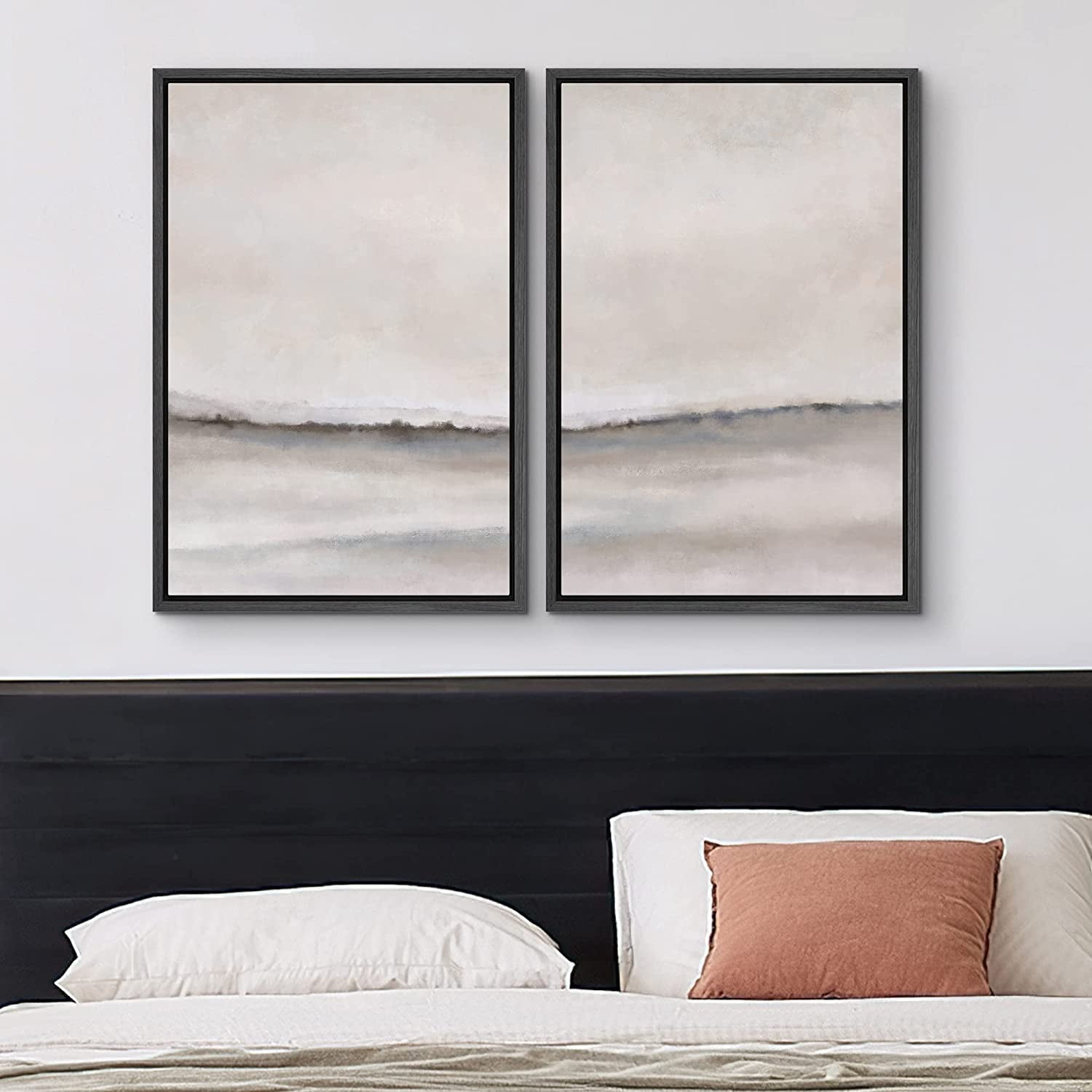 IDEA4WALL Framed Canvas Print Wall Art Set of 2 Pastel Gray Brush Stroke Watercolor Landscape Abstract Modern Art Multicolor Contemporary Artwork for Bedroom, Office - 16"x24"x2 Panels Black