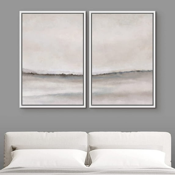 IDEA4WALL Framed Canvas Print Wall Art Set of 2 Pastel Gray Brush Stroke Watercolor Landscape Abstract Modern Art Multicolor Contemporary Artwork for Bedroom, Office - 24"x36"x2 Panels White