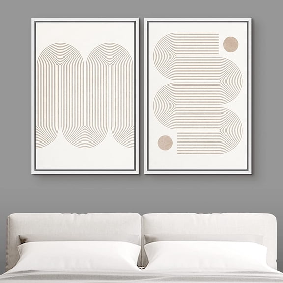 IDEA4WALL Framed Canvas Print Wall Art Set of 2 Pastel Tan Geometric Wave Polygons Abstract Modern Art Decorative Boho Contemporary Artwork for Bedroom, Office, Hotel - 24"x36"x2 Panels White