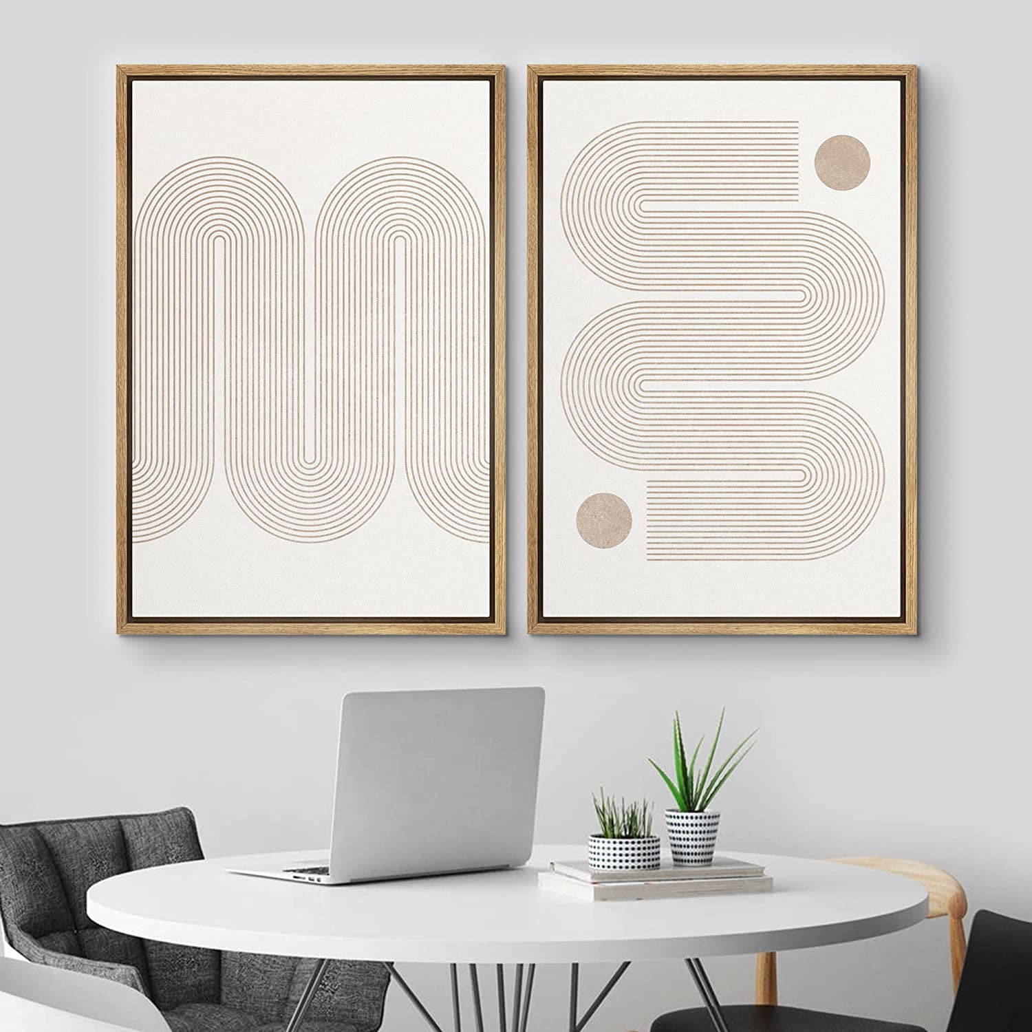 IDEA4WALL Framed Canvas Print Wall Art Set of 2 Pastel Tan Geometric ...