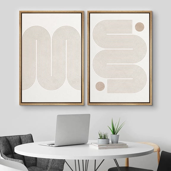 IDEA4WALL Framed Canvas Print Wall Art Set of 2 Pastel Tan Geometric Wave Polygons Abstract Modern Art Decorative Boho Contemporary Artwork for Bedroom, Office, Hotel - 16"x24"x2 Panels Natural