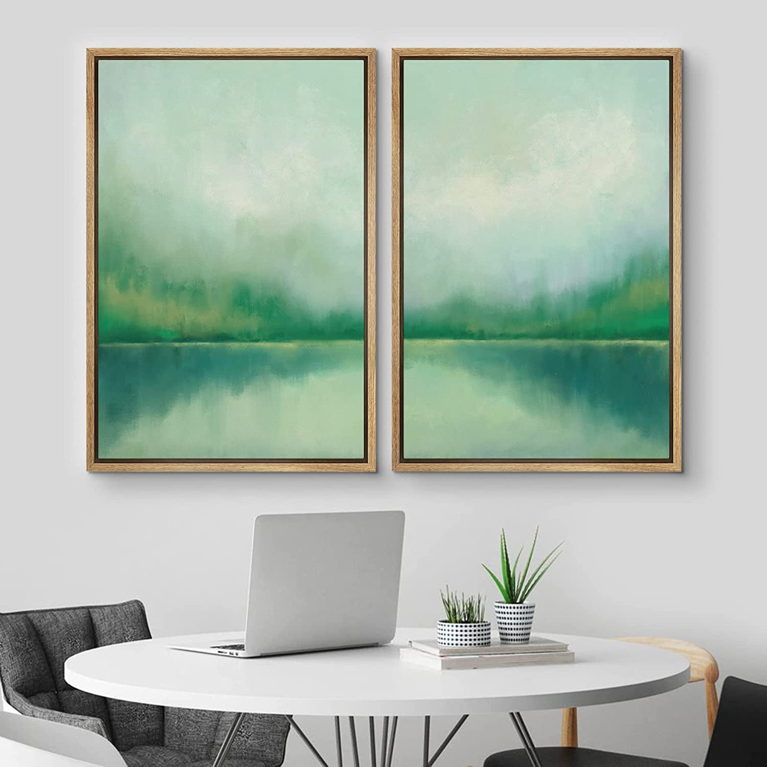 IDEA4WALL Framed Canvas Print Wall Art Set of 2 Pastel Watercolor Green ...