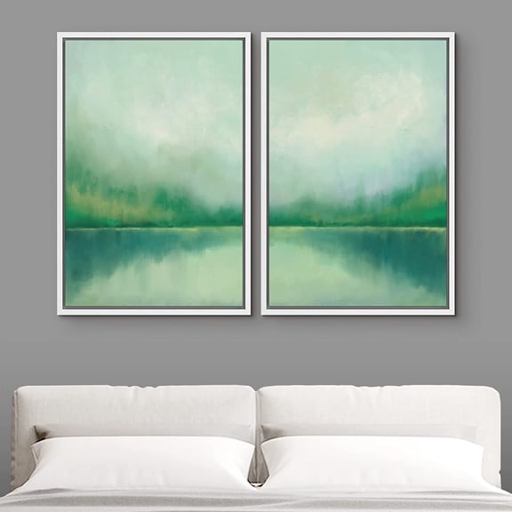 IDEA4WALL Framed Canvas Print Wall Art Set of 2 Pastel Watercolor Green Forest Lake Landscape Abstract Modern Art Multicolor Contemporary Artwork for Bedroom, Office - 24"x36"x2 Panels White