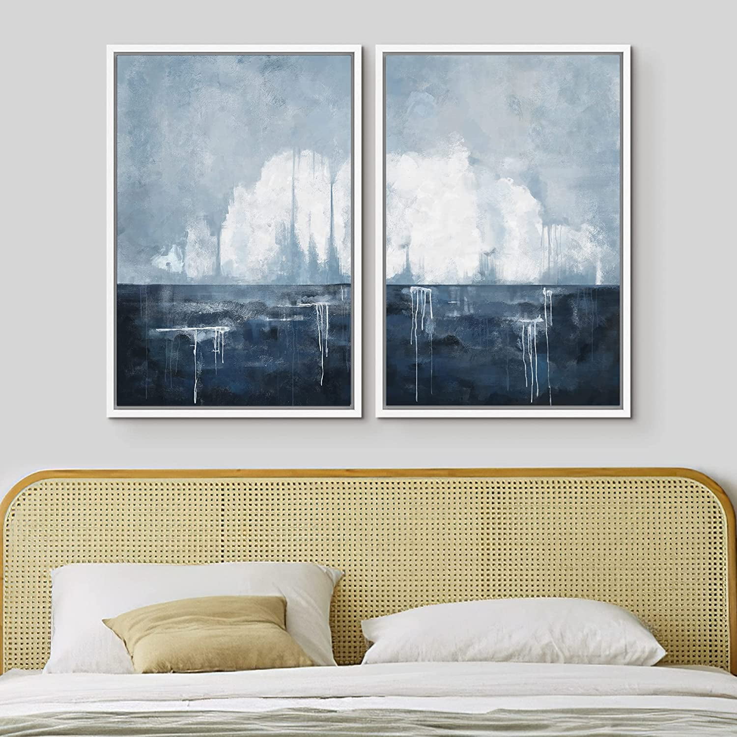 IDEA4WALL Framed Canvas Print Wall Art Set of 2 Watercolor Pastel Blue ...
