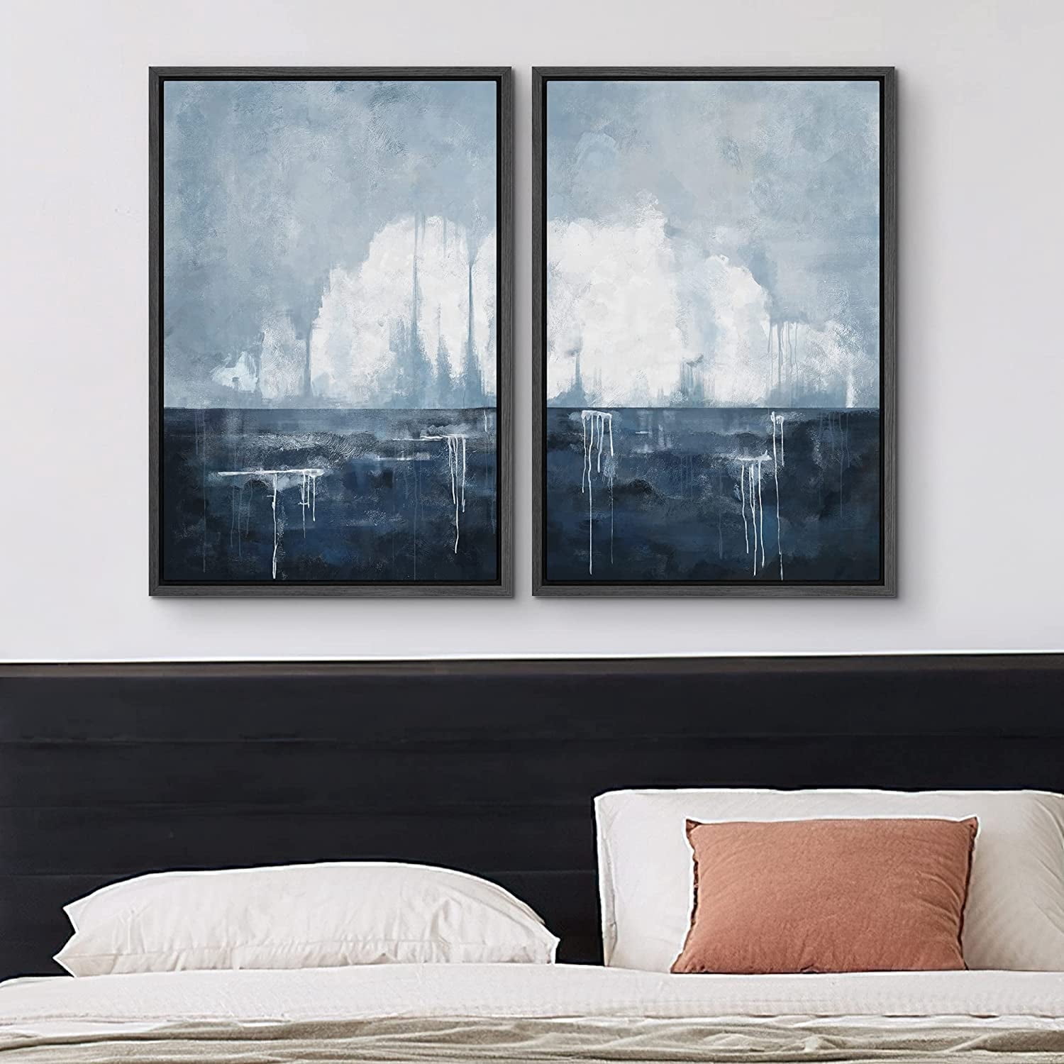 IDEA4WALL Framed Canvas Print Wall Art Set of 2 Watercolor Pastel Blue ...