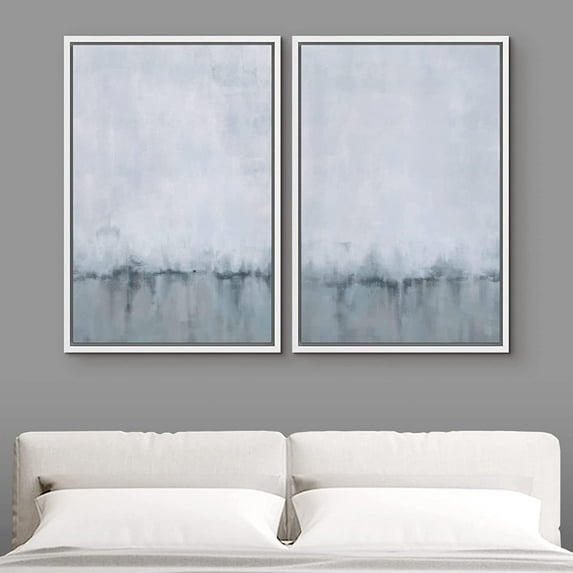 IDEA4WALL Framed Canvas Print Wall Art Set of 2 Watercolor Pastel Duotone Blue Landscape Abstract Modern Art Decorative Contemporary Artwork for Bedroom, Office, Hotel - 16"x24"x2 Panels White