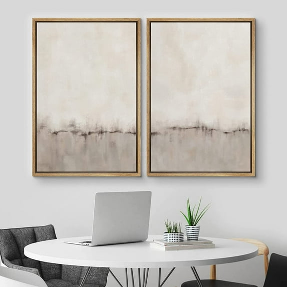 IDEA4WALL Framed Canvas Print Wall Art Set of 2 Watercolor Pastel Duotone Tan Landscape Abstract Modern Art Multicolor Contemporary Artwork for Bedroom, Office - 16"x24"x2 Panels Natural