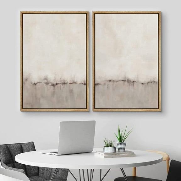 IDEA4WALL Framed Canvas Print Wall Art Set of 2 Watercolor Pastel Duotone Tan Landscape Abstract Modern Art Multicolor Contemporary Artwork for Bedroom, Office - 16"x24"x2 Panels Natural