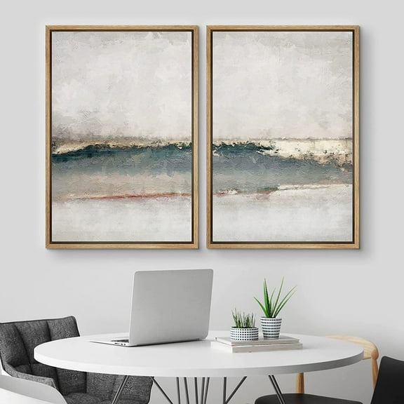 IDEA4WALL Framed Canvas Print Wall Art Set of 2 Watercolor Pastel Gray Teal Landscape Abstract Modern Art Multicolor Contemporary Artwork for Bedroom, Office - 24"x36"x2 Panels Natural
