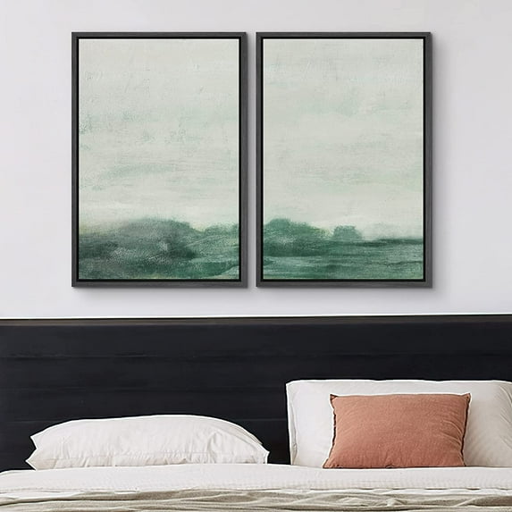 IDEA4WALL Framed Canvas Print Wall Art Set of 2 Watercolor Pastel Green Blue Landscape Abstract Modern Art Decorative Contemporary Artwork for Bedroom, Office, Hotel - 16"x24"x2 Panels Black