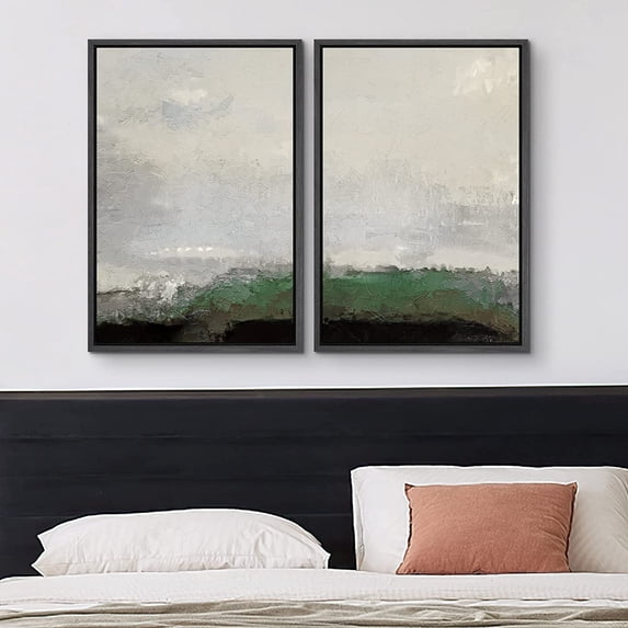 IDEA4WALL Framed Canvas Print Wall Art Set of 2 Watercolor Pastel Green & Gray Landscape Abstract Modern Art Decorative Boho Contemporary Artwork for Bedroom, Office - 24"x36"x2 Panels Black