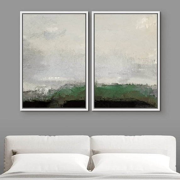 IDEA4WALL Framed Canvas Print Wall Art Set of 2 Watercolor Pastel Green & Gray Landscape Abstract Modern Art Decorative Boho Contemporary Artwork for Bedroom, Office - 16"x24"x2 Panels White