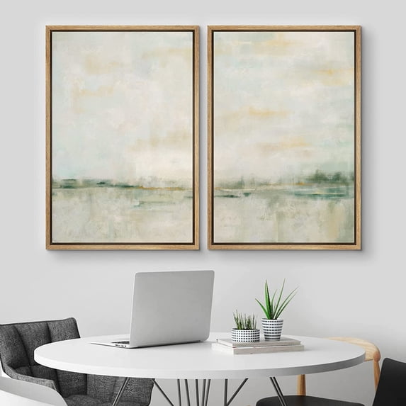 IDEA4WALL Framed Canvas Print Wall Art Set of 2 Watercolor Pastel Green Tan Landscape Abstract Modern Art Multicolor Contemporary Artwork for Bedroom, Office - 16"x24"x2 Panels Natural