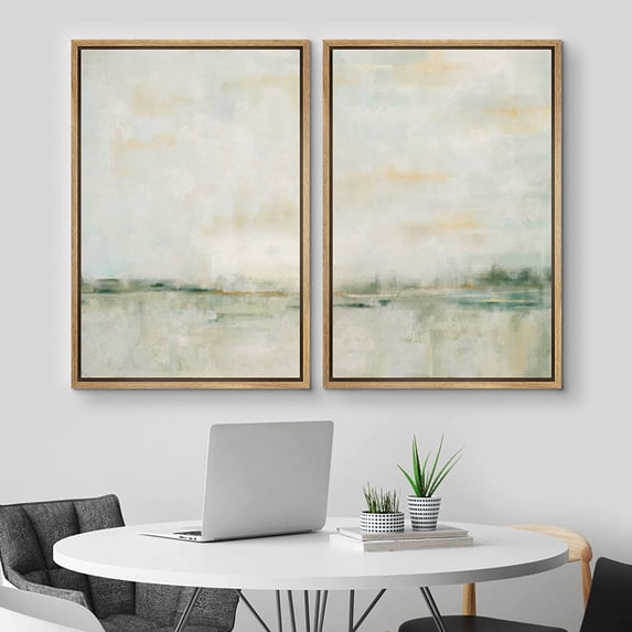 IDEA4WALL Framed Canvas Print Wall Art Set of 2 Watercolor Pastel Green Tan Landscape Abstract Modern Art Multicolor Contemporary Artwork for Bedroom, Office - 24"x36"x2 Panels Natural