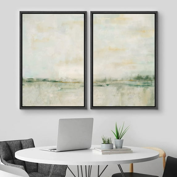 IDEA4WALL Framed Canvas Print Wall Art Set of 2 Watercolor Pastel Green Tan Landscape Abstract Modern Art Multicolor Contemporary Artwork for Bedroom, Office - 24"x36"x2 Panels Black