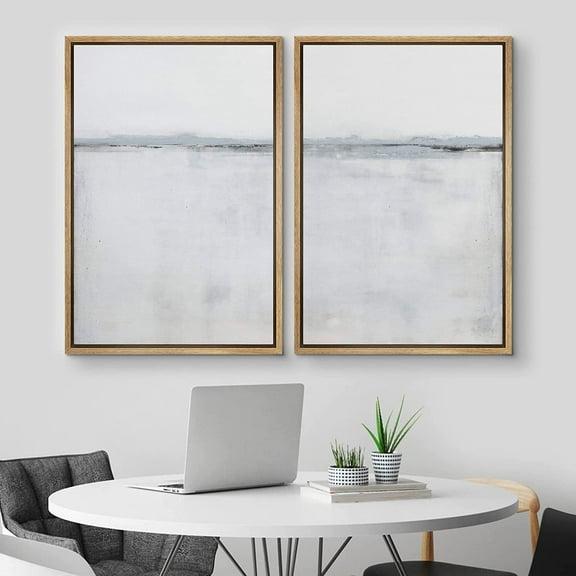 IDEA4WALL Framed Canvas Print Wall Art Set of 2 White Pastel Paint Stroke Landscape Geometric Abstract Modern Art Decorative Contemporary Artwork for Bedroom, Office - 16"x24"x2 Panels Natural