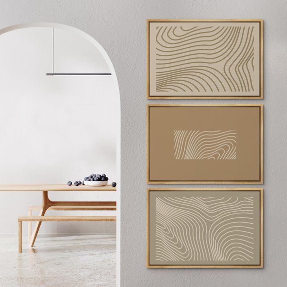 IDEA4WALL Framed Canvas Print Wall Art Set of 3 Abstract Beige Line Wave Vintage Illustration Wall Decor Retro Contour Map Design Prints Fine Art Chic Minimal Artwork - 16"x24"x3 Natural