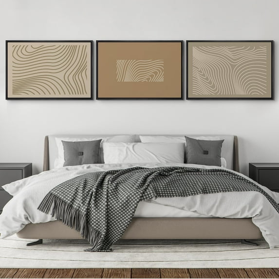 IDEA4WALL Framed Canvas Print Wall Art Set of 3 Abstract Beige Line Wave Vintage Illustration Wall Decor Retro Contour Map Design Prints Fine Art Chic Minimal Artwork - 24"x36"x3 Black