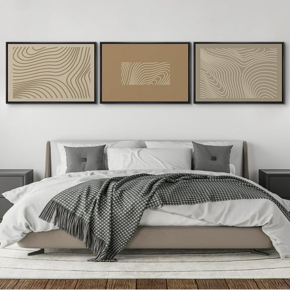 IDEA4WALL Framed Canvas Print Wall Art Set of 3 Abstract Beige Line Wave Vintage Illustration Wall Decor Retro Contour Map Design Prints Fine Art Chic Minimal Artwork - 16"x24"x3 Black