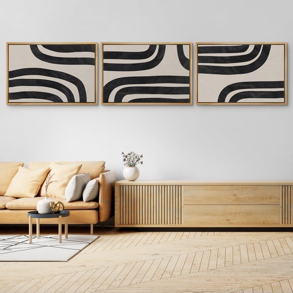 IDEA4WALL Framed Canvas Print Wall Art Set of 3 Abstract Black & Tan Spiral Polygon Collage Illustration Wall Decor Retro Black Line Design Prints Fine Art Chic Minimal Artwork - 16"x24"x3 Natural